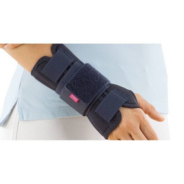 Orthosis designed to fix and stabilize the wrist. The sandwich material allows the permeability of sweat. The shapeable dural plate and extra wide strips allow easy adjustment and closing of the orthosis.
