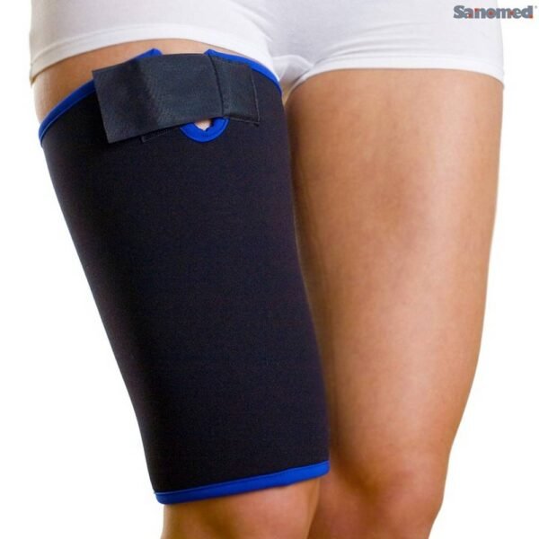 Neoprene thigh bandage with the possibility of adapting the bandage to the thigh circumference.