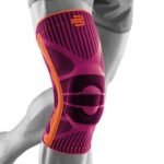 Anatomical three-dimensional knit active knee bandage, relieves and stabilizes the knee without limiting function.