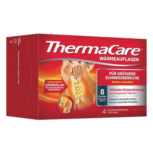 ThermaCare for larger painful areas are self- warming poultices that give off the therapeutically recommended warmth of 40 ° C over a period of 8 hours.