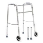 A three-function walker that can be used as a fixed, articulated or two-wheeled walker.