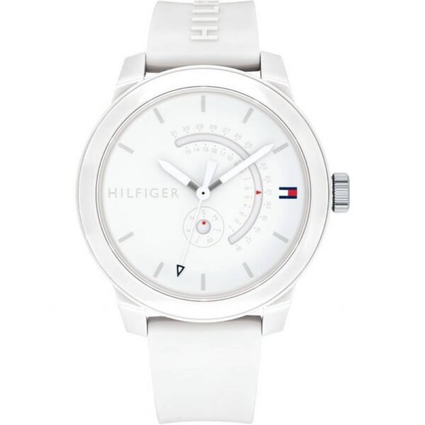 Часы Tommy Hilfiger Denim th1791481.  Эти мужские часы Tommy Hilfiger имеют черный корпус из нержавеющей стали с PVD-покрытием, а ремешок изготовлен из БЕЛОГО силикона.
