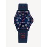 TOMMY HILFIGER UNISEX KIDS 1791667. Blue silicone bracelet with red inserts and silver buckle.