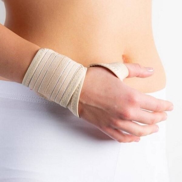 Elastic bandage serving as a simple stabilizing aid for the wrist with a simple way of deployment. The bandage is made of elastic breathable microfiber material. Velcro fastening.