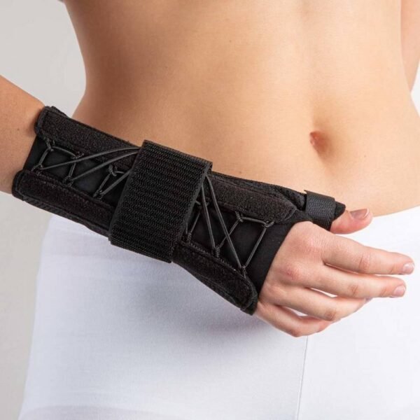Orthosis designed to fix and stabilize the wrist and thumb. There is a shapeable dural plate on the underside of the wrist. Likewise, the dural plate is on the radial side of the forearm with an extension per inch. The material of the orthosis is highly breathable and wicks sweat perfectly.