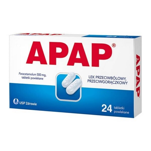 Apap is a pain reliever and antipyretic containing the active ingredient paracetamol. The drug is used in pain of various origins, including headaches, teeth, muscles, menstrual, osteoarticular and neuralgia. Apap can be used against fever, such as accompanying a cold or flu. The drug is intended for adults and adolescents over 12 years of age.
