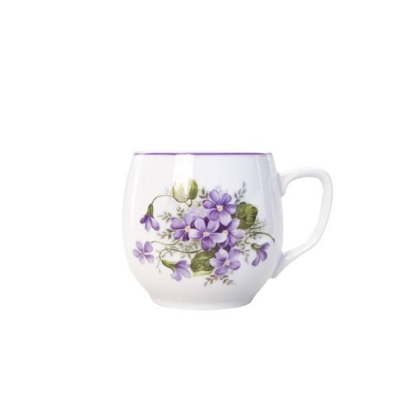Classic rounded cup of mug in the decor of violets. Pleasant in size and fits perfectly in the hand. Ideal for everyday use.