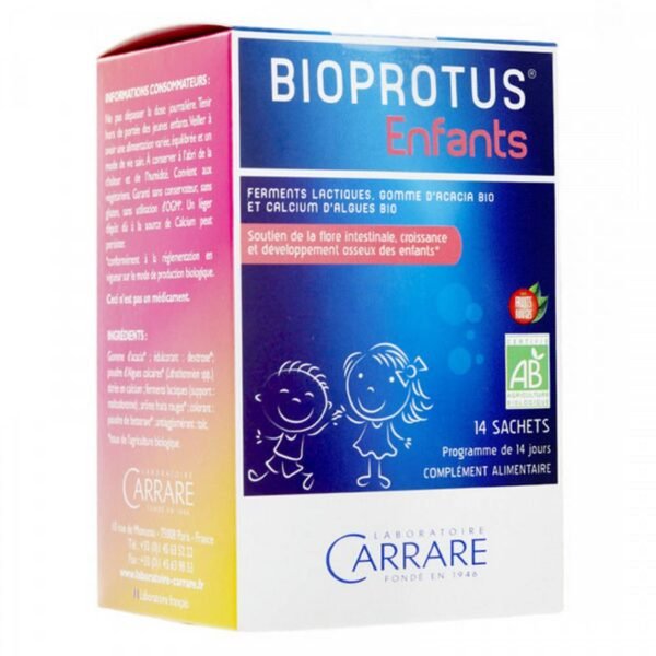 Bioprotus Enfants Confort Bio Probiotique 14 sachets is a food supplement based on probiotics, natural vitamin C (organic Acerola extract) and organic Acacia gum which contributes to the support of an evolving intestinal flora and the normal functioning of the immune system.