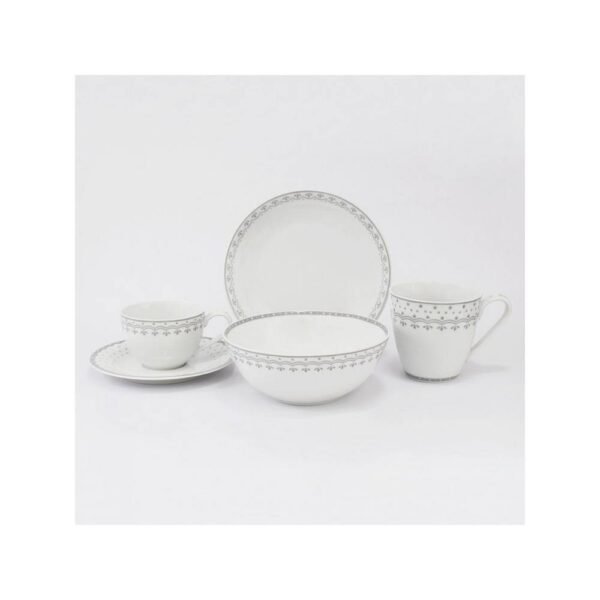 Porcelain breakfast set in gray decor.