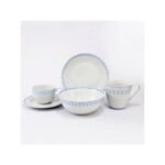 Porcelain breakfast set in light blue decor.