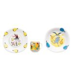 Children's porcelain set decorated with original cheerful goat motifs.