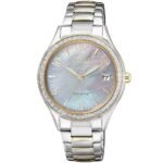 Women's wristwatch Citizen eo1184 - 81d. Case of polished stainless steel, bezel with gold crystals, mineral glass, waterproof to 5 bar.
