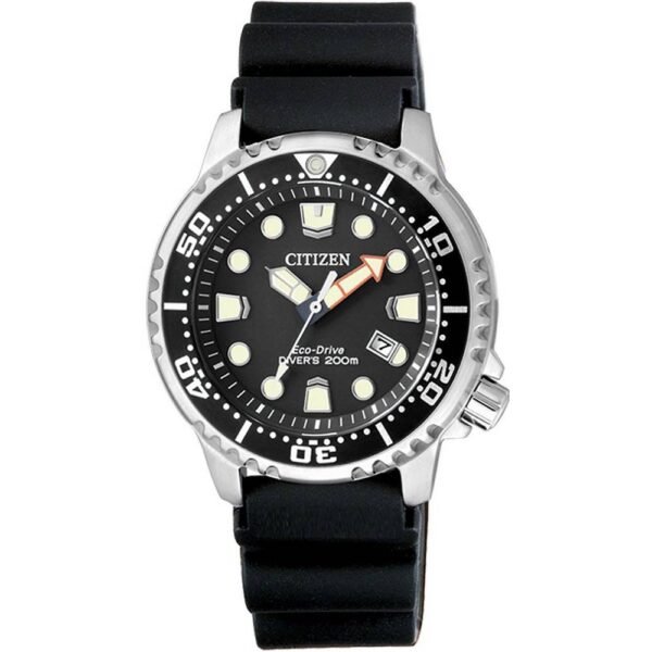 WOMEN'S ANALOG QUARTZ WATCH CITIZEN EP6050-17E WITH A PLASTIC BRACELET. The case of calandreated stainless steel, the bottom, the black rotating bezel with one side per minute,
