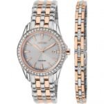 WOMEN'S WATCH CITIZEN EW1909 - 64 A. Round bezel with Swarovski crystals and polished bracelet with stainless steel rose gold accents create a spectacular two-color look.