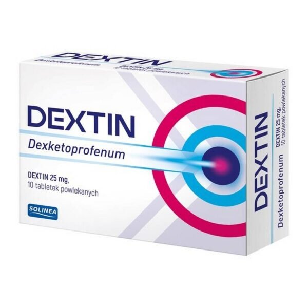 Dextin is a pain reliever in the form of film-coated tablets containing dexketoprofen from the group of non-steroidal anti-inflammatory drugs (NSAIDs). The drug is used in the short-term treatment of mild and moderate pains of various origins, e.g. muscle or toothache or period pains.