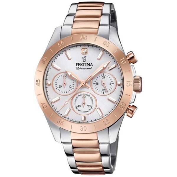 Festina Chronograph Mademoiselle F20398 / 1. Диаметр корпуса примерно 39 мм, высота корпуса примерно 11,3 мм, ширина ремешка примерно 19 мм, длина ремешка примерно 20 см.