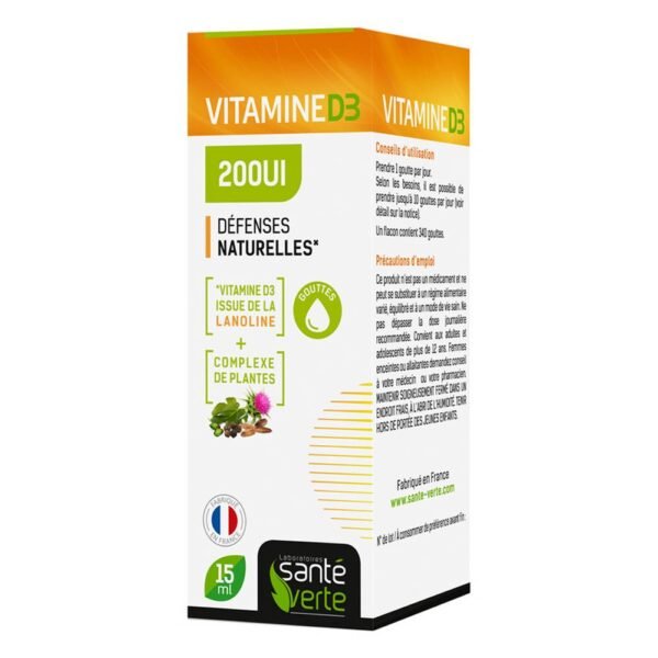 Green Health Vitamin D3 200IU Natural Defenses: Vitamin D3, from the Santé Verte laboratories, is a food supplement to compensate for vitamin D deficiencies. Vitamin D3 has an absorption complex bringing together five active ingredients of natural origin that act in synergy.