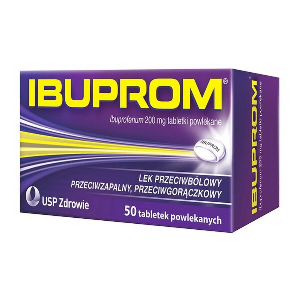 ibuprom 200 mg film coated tablets 50 pcs Ibuprom is analgesic, anti-inflammatory and antipyretic. It is used in headache, toothache, muscle pain, lumbosacral, bone and joint pain, painful menstruation and fever.