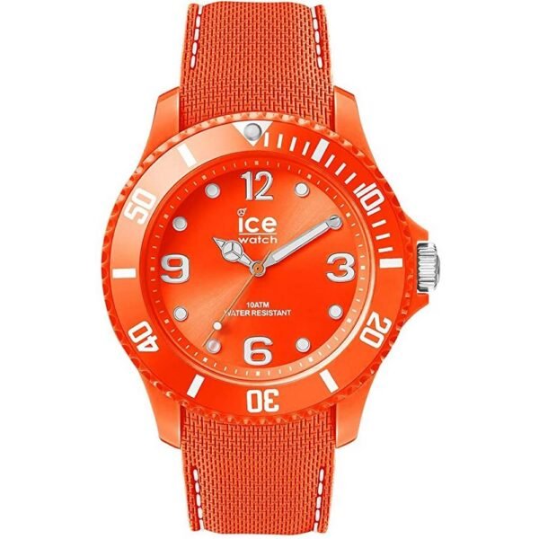 Ice Watch 013619. An orange plastic case, protected as the bottom of a stainless steel case, a winding head, a reinforced rotating dial with a minute scale and light sources.