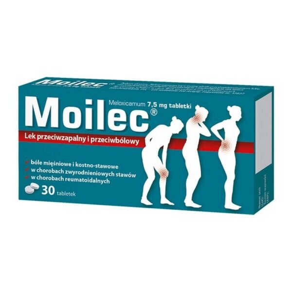 Moilec is a medicine in the form of tablets containing meloxicam (Meloxicamum). This substance belongs to the group of non-steroidal anti-inflammatory drugs and has analgesic, anti-inflammatory and antipyretic properties. The product is intended for adults and adolescents over 16 years of age, it is particularly effective in combating pain in the course of rheumatic diseases, bone and joint pain and muscle pain.