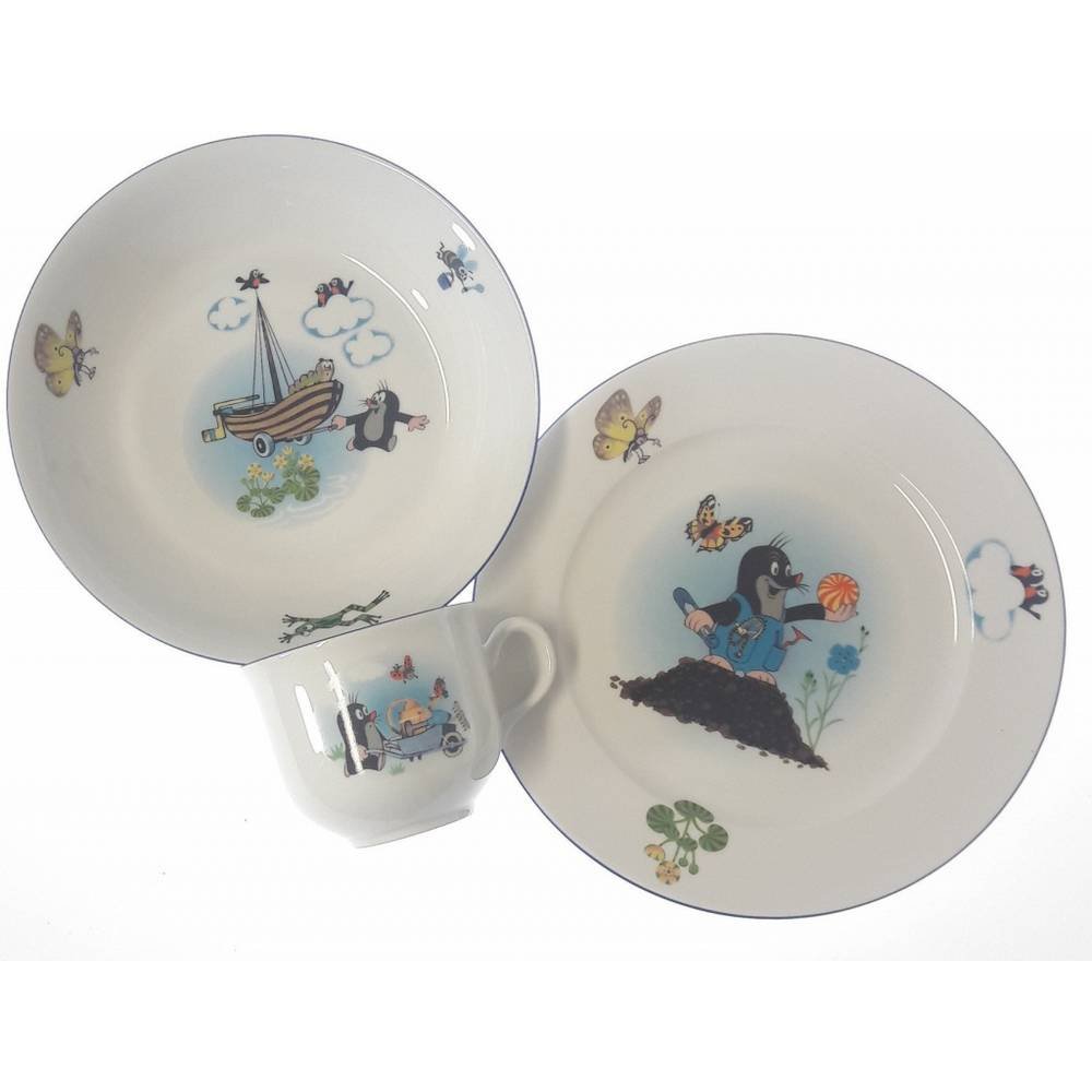 mole and butterflies childrens kit thun 3 pcs Детский фарфоровый сервиз с мотивом родинки, бабочек и кораблика.