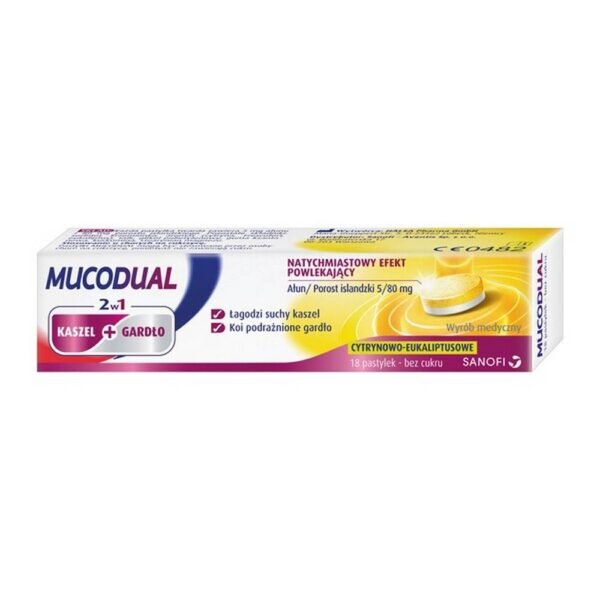 The medical device Mucodual is a lozenge that reduces the symptoms of dry cough and soothes irritation and inflammation of the mucous membranes of the throat and mouth. The product has a soothing effect on irritations and inflammation of the oral mucosa and throat.
