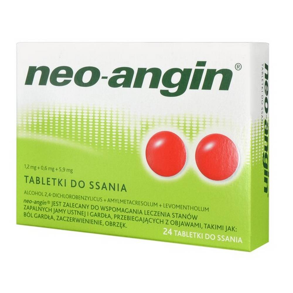 neo angin 12 mg 06 mg 59 mg lozenges 24 Neo-Angin is a medicinal product for use in inflammation of the throat, mouth, which is associated with swelling, pain or redness.