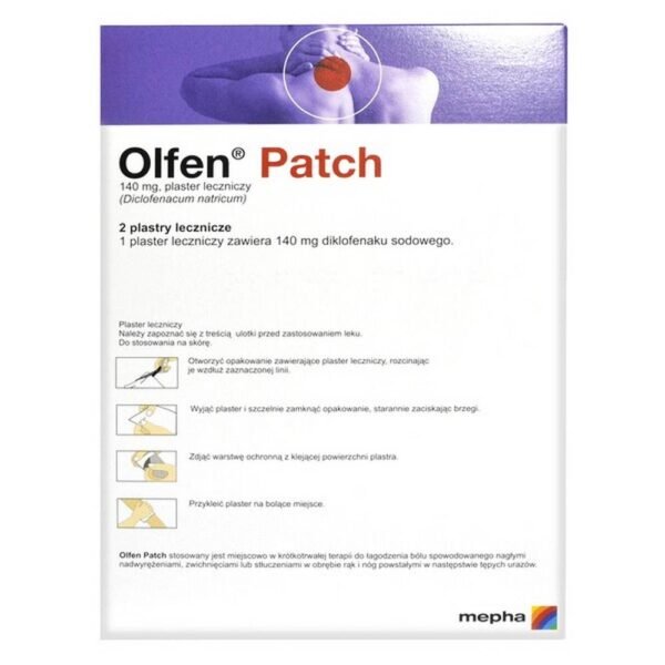 Olfen Patch - это лечебные пластыри, которые наносят на кожу местно в случае ушибов, травм и растяжений. Они обладают болеутоляющим и противовоспалительным действием, уменьшают отек.