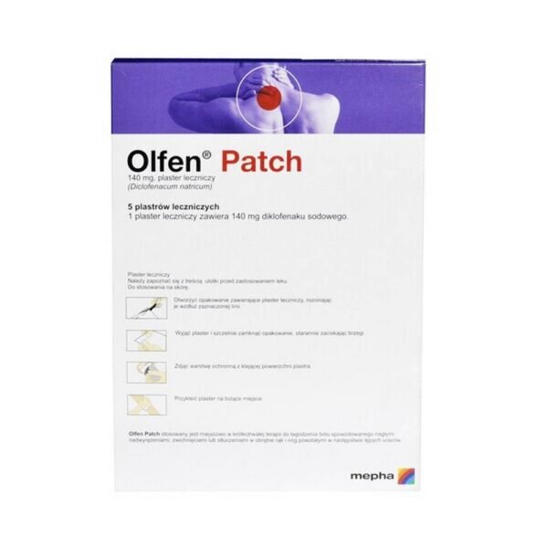 Olfen Patch is a medicinal product in the form of patches for use in pain associated with strains, sprains, bruises, injuries. Olfen Patch contains diclofenac, which belongs to NSAIDs - non-steroidal anti-inflammatory drugs.