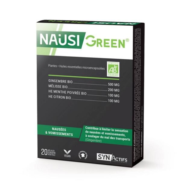 SYNACTIFS Nausigreen Bio is a VEGAN food supplement in the form of capsules. It contains in particular ginger and organic lemon balm which relieves the sensations of nausea and vomiting.