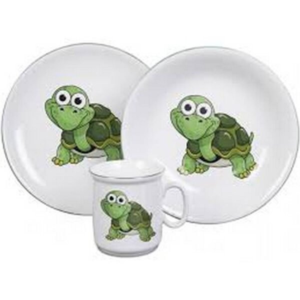 Dining set for children with a motif of merry turtles, butterflies and flowers.