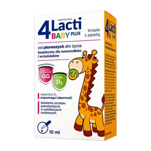 4Lacti Baby Plus - a dietary supplement containing the probiotic strain Lactobacillus rhamnosus GG (ATCC 53103) and vitamin D. Product intended from the first days of life of newborns and premature babies.