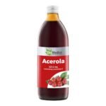Acerola juice - a dietary supplement made of acerola fruit juice puree. Product intended for adults. Vitamin C supports the proper functioning of the immune system and supports the production of collagen, ensuring the proper functioning of blood vessels, bones, teeth, gums, cartilage and skin. In addition, vitamin C helps to reduce the feeling of tiredness and weariness.
