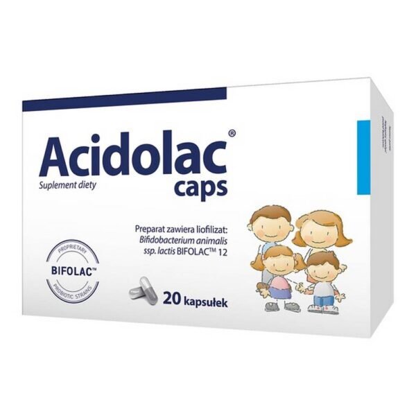 Acidolac caps - a dietary supplement containing freeze-dried lactic acid bacteria cultures Bifidobacterium animalis ssp. Lactis BIFOLAC 12. Product intended for children over 6 years of age and adults.