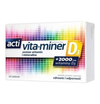 Acti Vita-miner D3 - a dietary supplement containing a composition of vitamins and minerals as well as an extract from the flowers of the erect marigold. The product is intended for adults. Vitamin D, vitamin C, zinc, iron, vitamin B6, vitamin B12 support the proper functioning of the immune system.