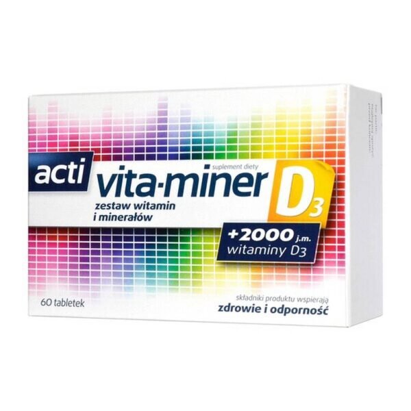 Acti Vita-miner D3 - a dietary supplement containing a composition of vitamins and minerals as well as an extract from the flowers of the erect marigold. The product is intended for adults. Vitamin D, vitamin C, zinc, iron, vitamin B6, vitamin B12 support the proper functioning of the immune system.