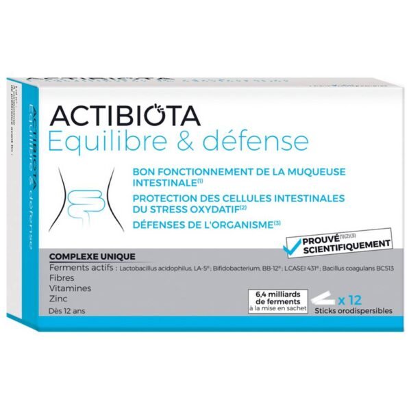 Actibiota Balance and Defense is a food supplement which contains specific active ferments (probiotic), zinc and group B vitamins. It contributes to intestinal balance and strengthens the body's immune defenses.