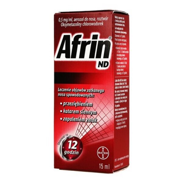 Afrin ND is a medicinal product containing oxymetazoline hydrochloride used to treat the symptoms of a stuffy nose (runny nose) associated with a cold, sinusitis or hay fever.