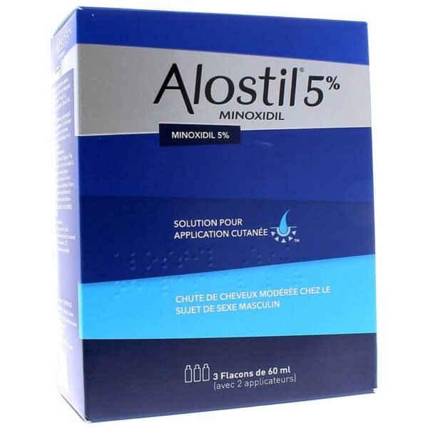 Alostil 5% Solution 3 vials of 60ml is a medicine that contains minoxidil, a substance that stimulates hair growth and slows hair loss.