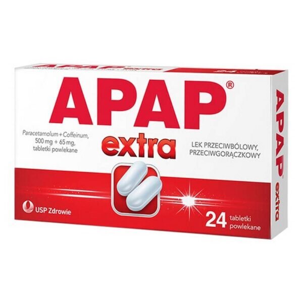 Apap Extra is a drug used for temporary pain relief and with antipyretic properties. Apart from paracetamol, the drug also contains caffeine, which enhances its analgesic effect. Apap Extra can be used for mild pains of various origins, such as migraine, neuralgia, and for symptoms of colds and flu.