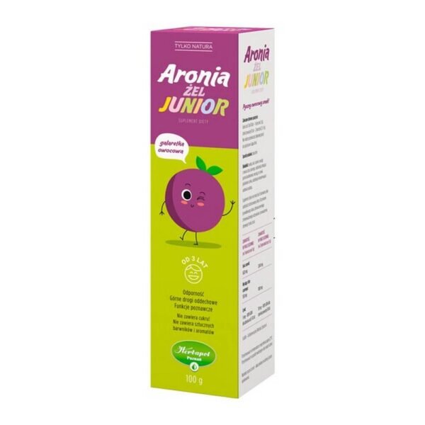 Aronia gel Junior - a dietary supplement created by a combination of ingredients known to have a beneficial effect on immunity, upper respiratory tract and cognitive functions. Fruity flavor. Aronia fruits are rich in ingredients important for the body, such as: bioflavonoids, anthocyanins, microelements, vitamins, organic acids