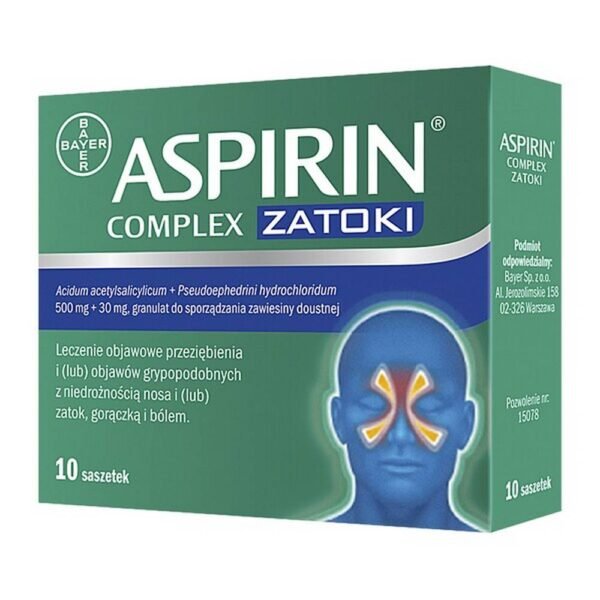 Aspirin Complex Zatoki is a medicinal product with analgesic, antipyretic and anti-inflammatory properties that reduces nasal congestion for the treatment of symptomatic swelling of the sinuses, nasal mucosa, pain and fever associated with flu-like symptoms and colds