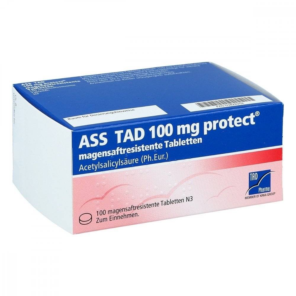 ass tad 100mg protect 100 ASS TAD 100mg protect (pack size: 100 pieces) are used as part of a standard therapy for the therapeutic treatment of an acute heart attack.