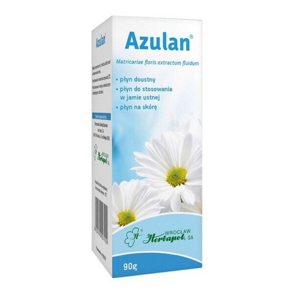 Azulan is a liquid drug for short-term use on the skin and mucous membranes. It contains chamomile extract and it is used externally in inflammation of the mucous membranes and skin, or (after oral administration) in gastrointestinal cramps, as an auxiliary agent. Azulan is intended for adults and children over 12 years of age.