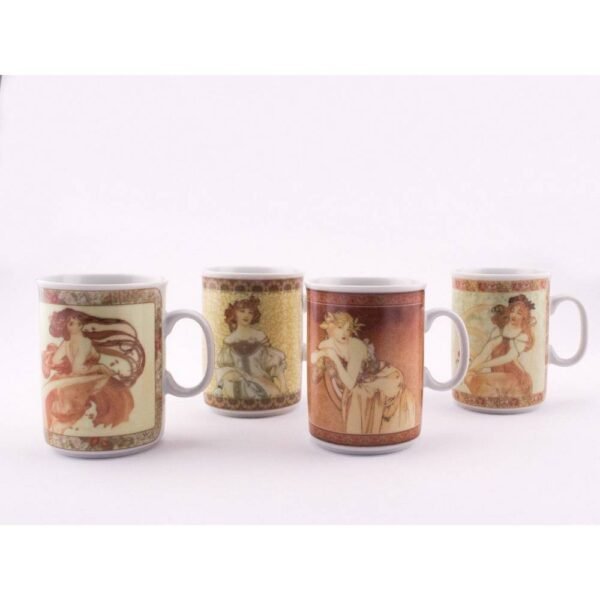 A set of four noble porcelain mugs with motifs by Alfons Mucha.
