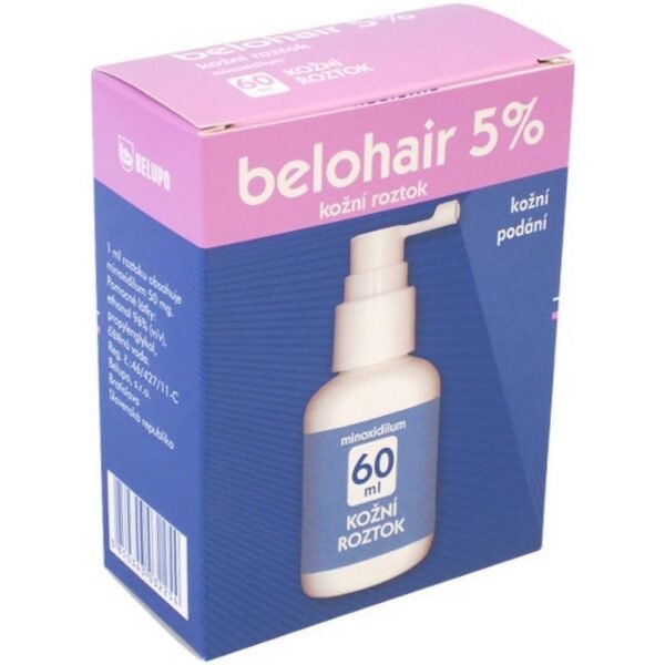 Belohair 5% is indicated for the treatment of androgenic alopecia in men aged 18 to 65 years. Skin solution with alcoholic aroma.