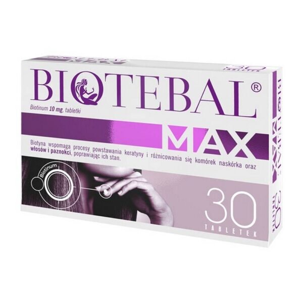 Biotebal Max tablets are a drug containing biotin, i.e. a vitamin from the B group. Biotebal Max is used in biotin deficiencies, which may manifest itself in e.g. hair loss, nail growth disorders or skin inflammation around the mouth, nose, eyes and ears. contains lactose monohydrate and sodium.