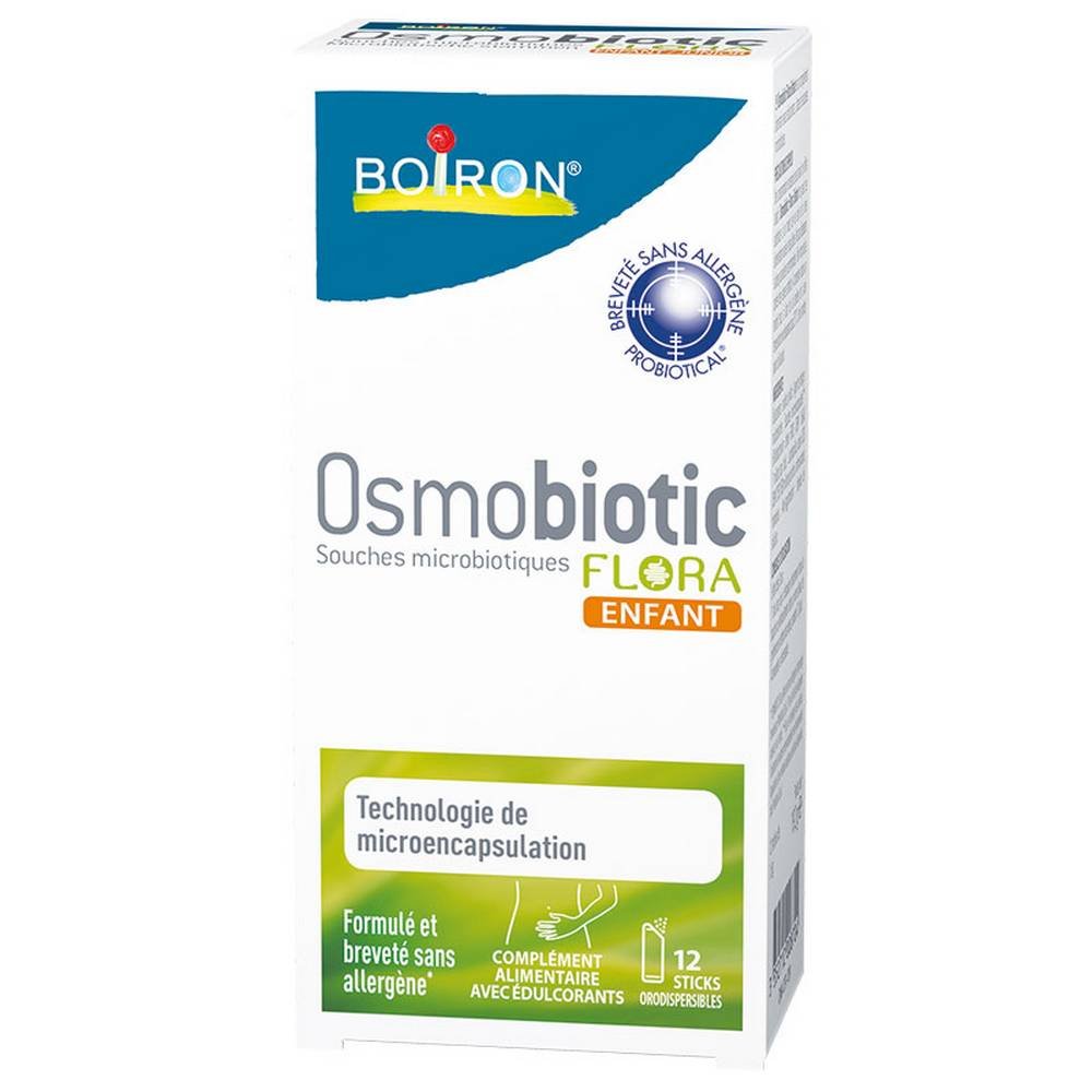 boiron osmobiotic flora child 12 sticks BOIRON Osmobiotic Flora Child 12 sticks contributes to the comfort and maintenance of the intestinal flora of children from 3 to 12 years old.