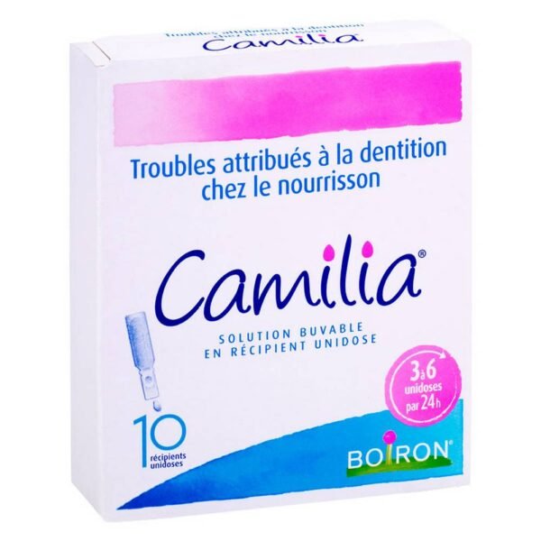 Order CAMILIA Boiron in online pharmacy, oral solution in single-dose container. It is a homeopathic medicine traditionally used in disorders attributed to teething in infants.