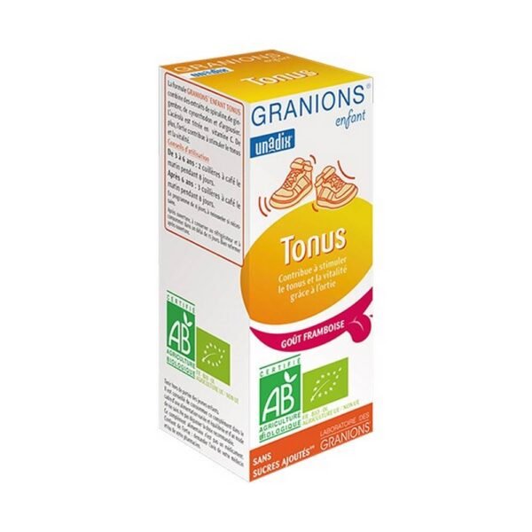 The GRANIONS® ENFANT TONUS formula combines natural extracts of nettle, ginger, rose hip and sea buckthorn. Acerola is titrated in vitamin C. In addition, spirulina (1) helps stimulate tone and physical energy.